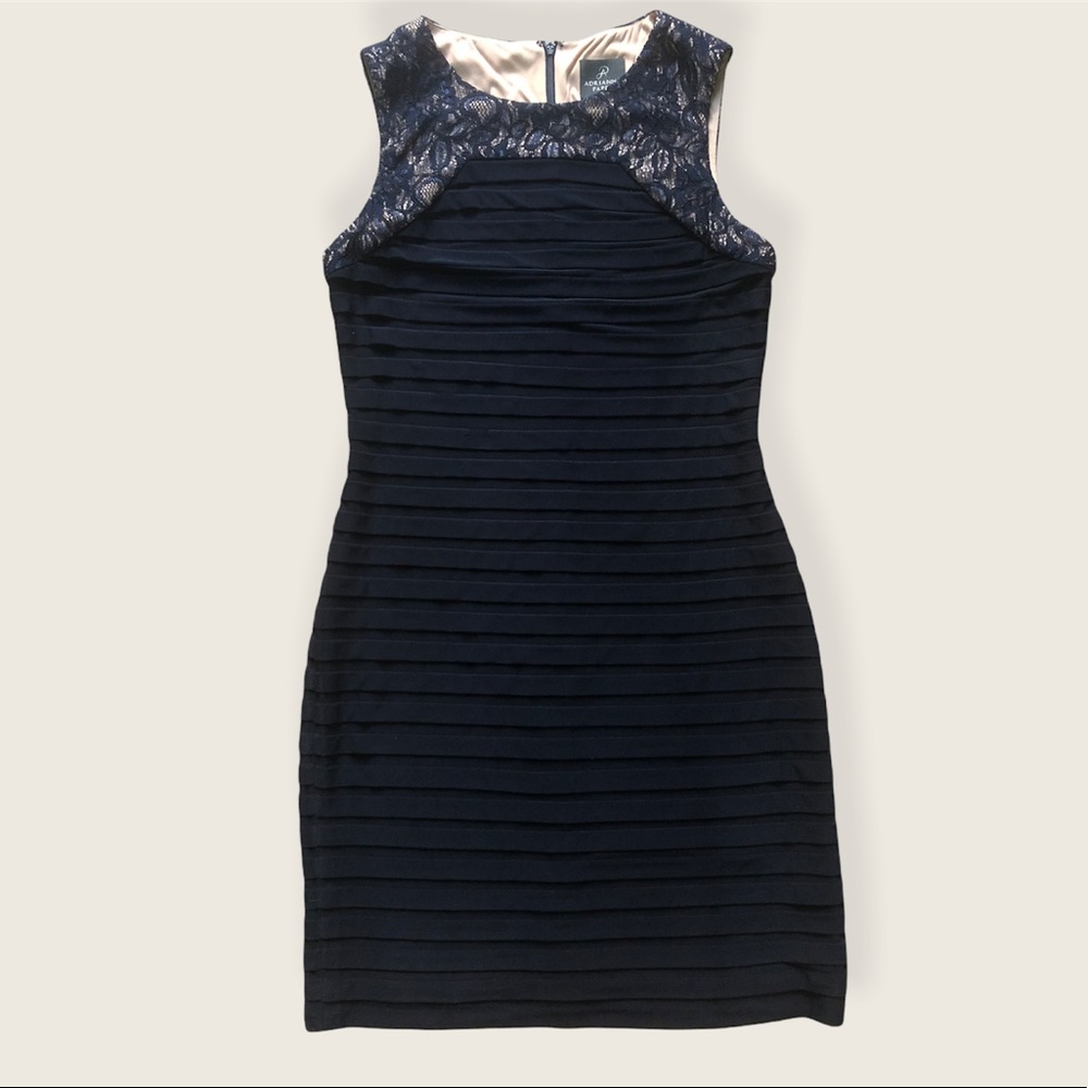 Adrianna Papell Navy Blue Bandage and Lace Sheath Mini Dress 8